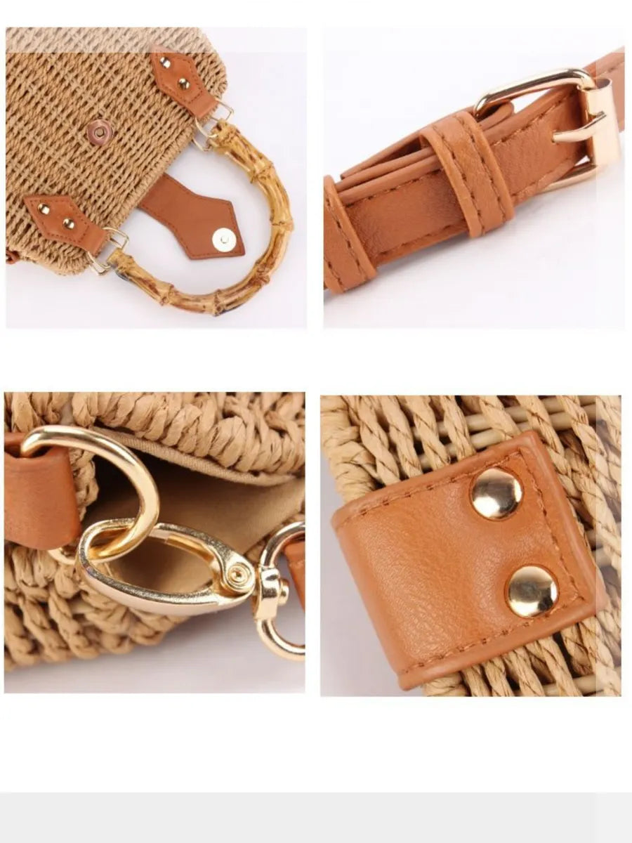 Bolsa de palha transversal e com alça de bambu