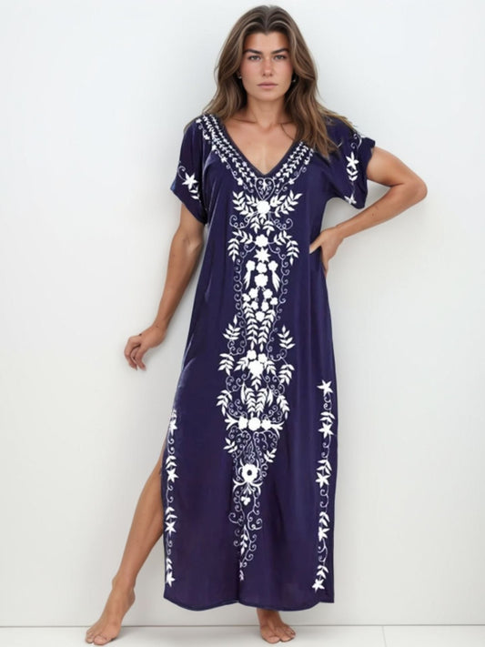 Kaftan veneza marinho bordado branco