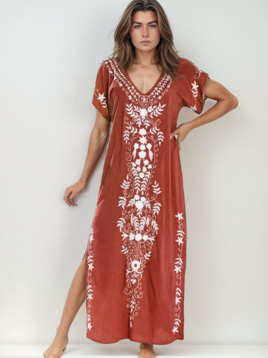 Kaftan veneza terracota bordado branco