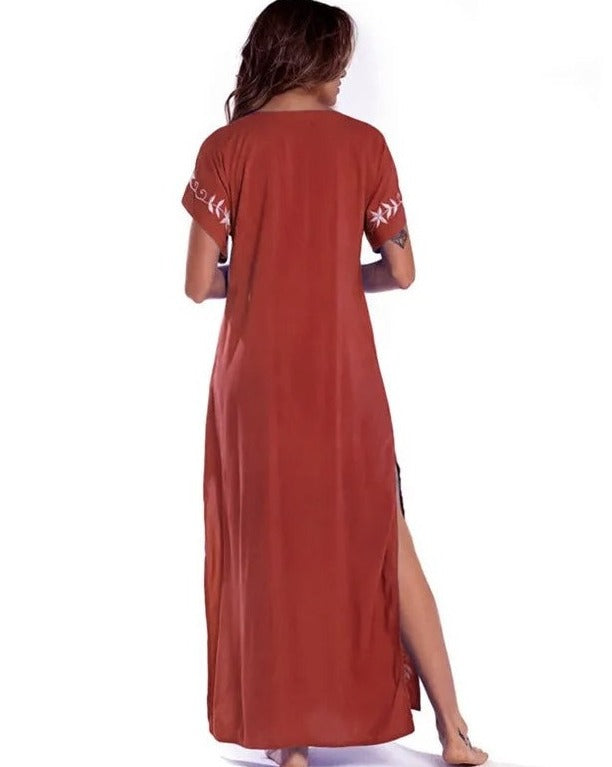 Kaftan veneza terracota bordado branco