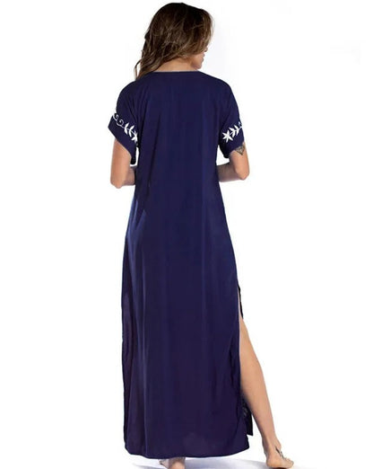 Kaftan veneza marinho bordado branco