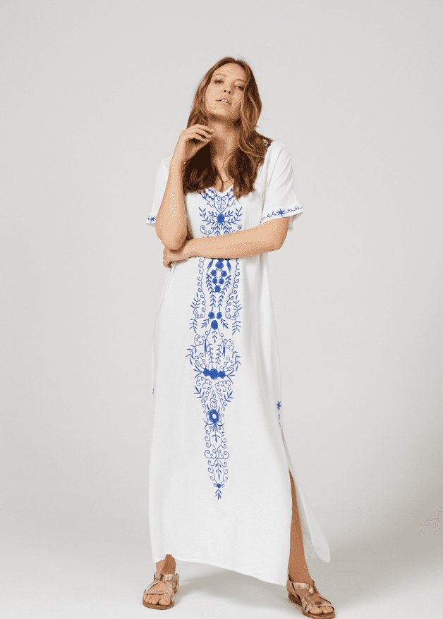 Kaftan veneza branco bordado azul